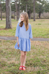 Mary Reddoch Dress 3/4 Sleeve in Chambray Swiss Dots
