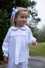 Greta Top Long Sleeve in Blue Bitty Dot Pique