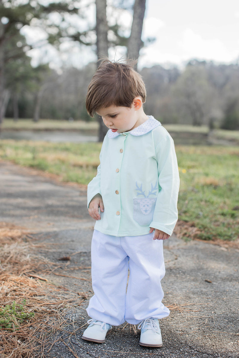 Graham Knit Shirt Long Sleeve in Icy Mint Knit w/ Pocket Reindeer