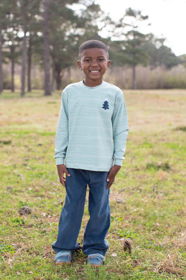 Boy Tee Long Sleeve Premium in Sage Stripe Knit with Mini Tree w/ Star