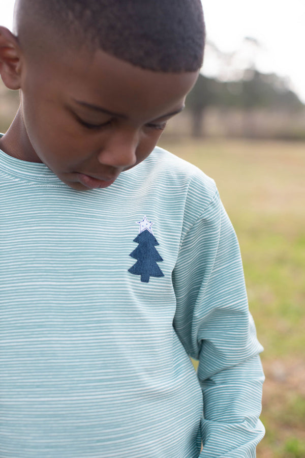Boy Tee Long Sleeve Premium in Sage Stripe Knit with Mini Tree w/ Star