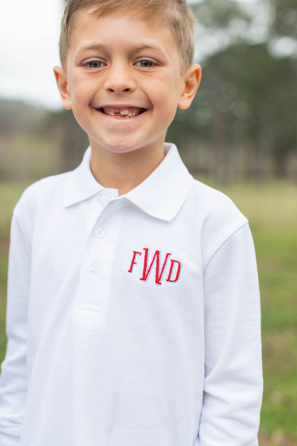 Boy Polo Long Sleeve White with Sloan Shadow Monogram