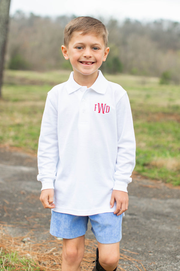 Boy Polo Long Sleeve White with Sloan Shadow Monogram