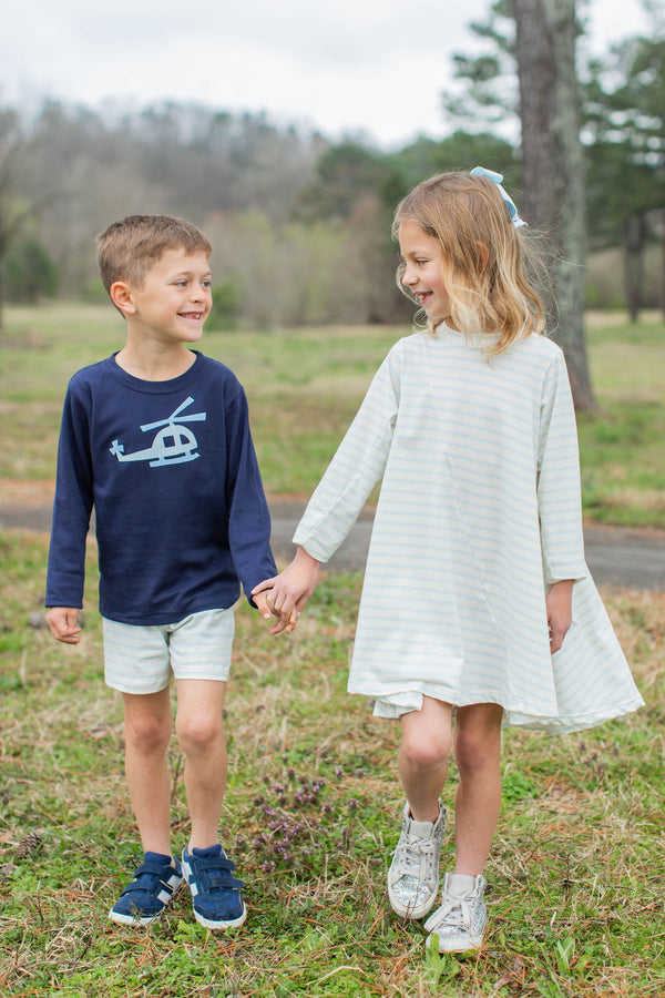 Coco Knit Long Sleeve Dress Premium in Baby Blue Stripe Knit