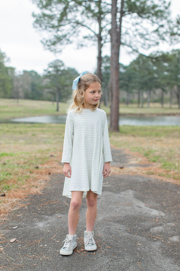 Coco Knit Long Sleeve Dress Premium in Baby Blue Stripe Knit