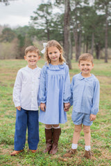 Freddie Shirt Long Sleeve in Chambray Swiss Dots