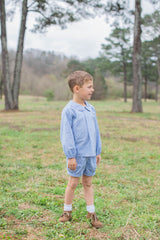 Freddie Shirt Long Sleeve in Chambray Swiss Dots