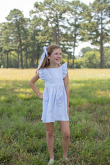 Hannah Pinafore Dress w/ Ruffles in Blue Superfine Twill