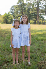 Hannah Pinafore Dress w/ Ruffles in Blue Superfine Twill