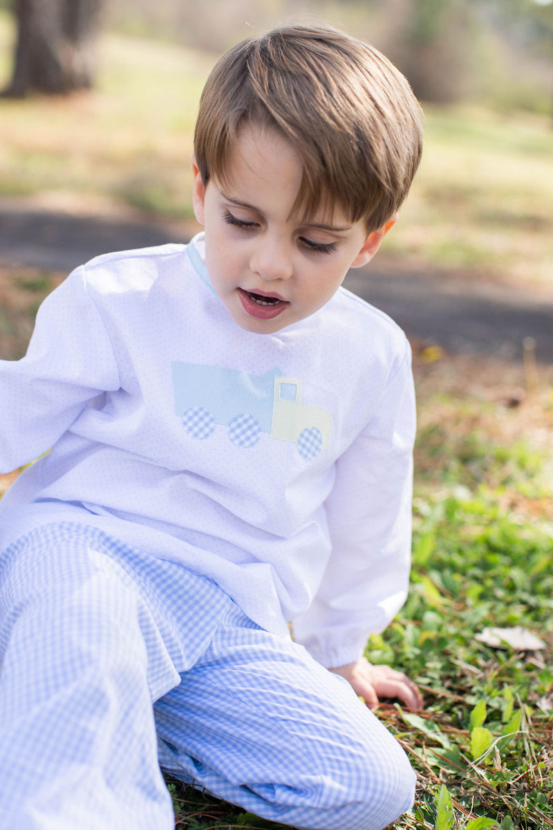 James Shirt Long Sleeve w/ Elastic in Blue Bitty Dot Pique