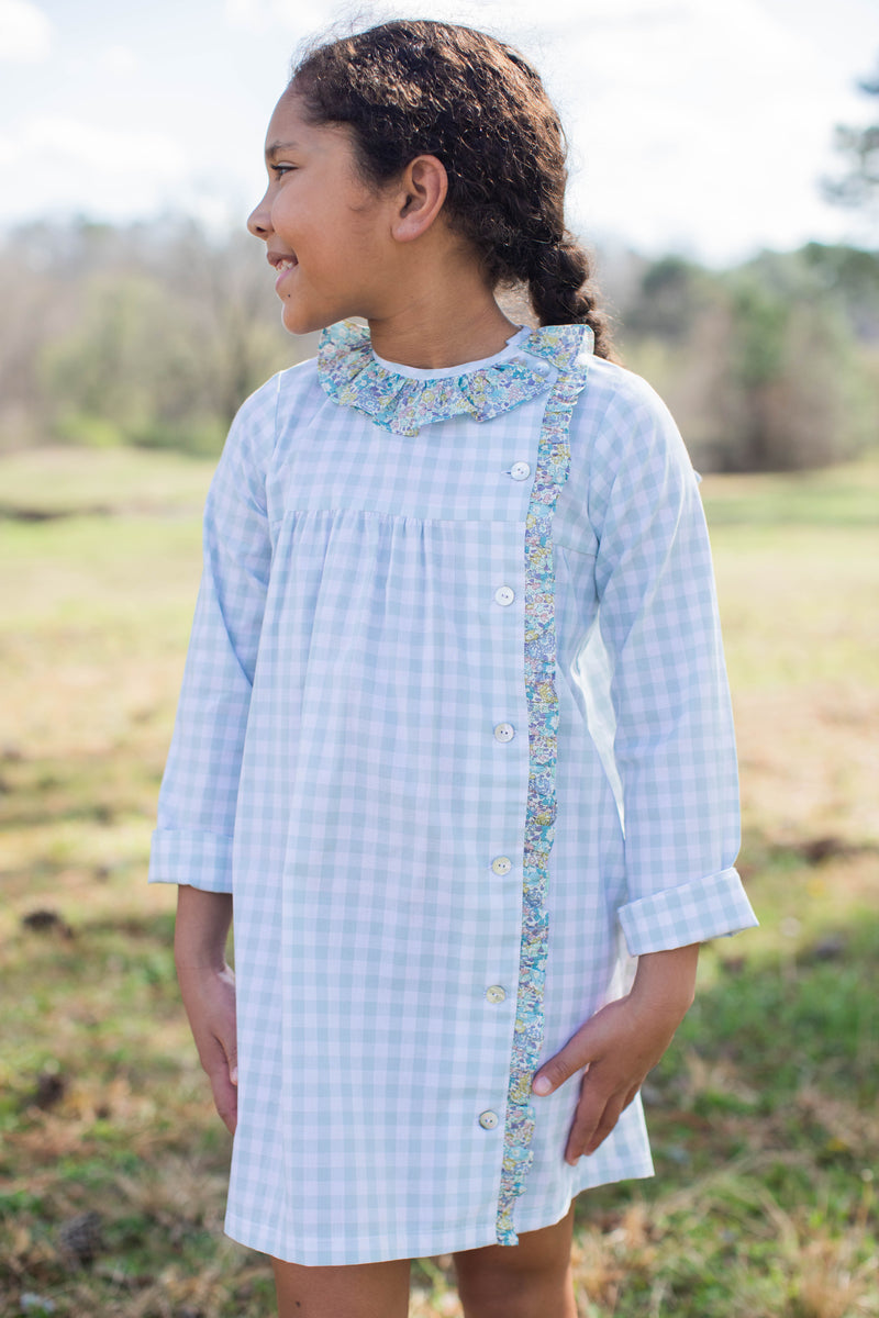 Elizabeth Dress Long Sleeve in Sage Windowpane