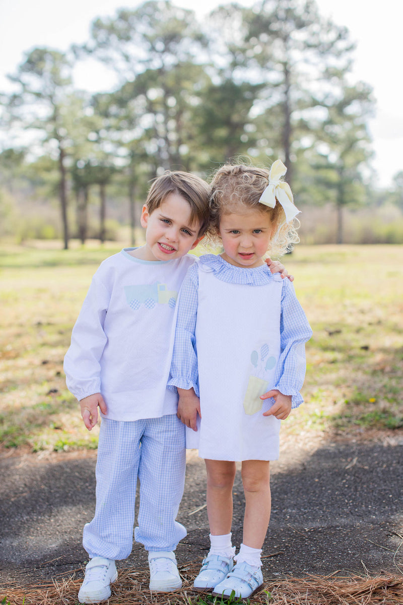 James Shirt Long Sleeve w/ Elastic in Blue Bitty Dot Pique