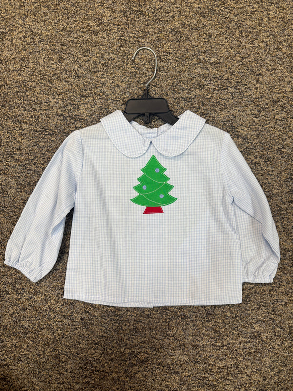 David Shirt Long Sleeve w/ Elastic in Blue Windowpane with Christmas Tree