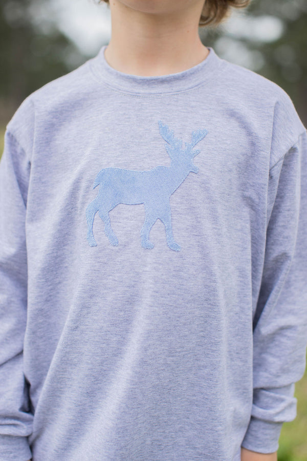 Boy Tee Long Sleeve Basic in Grey Knit w/ Deer Silhouette