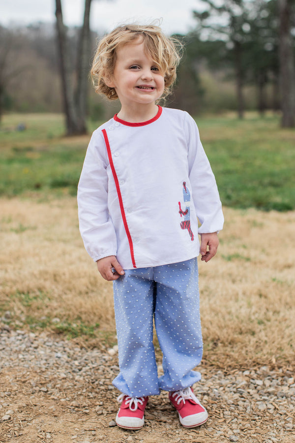 Ankle Elastic Pants Lined in Chambray Swiss Dots