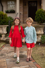 Mary Reddoch Dress 3/4 Sleeve in Cherry Red Corduroy