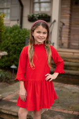 Mary Reddoch Dress 3/4 Sleeve in Cherry Red Corduroy