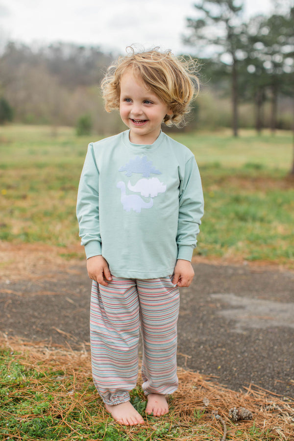 Boy Tee Long Sleeve Premium in Mist Knit with 3 Dinosaurs