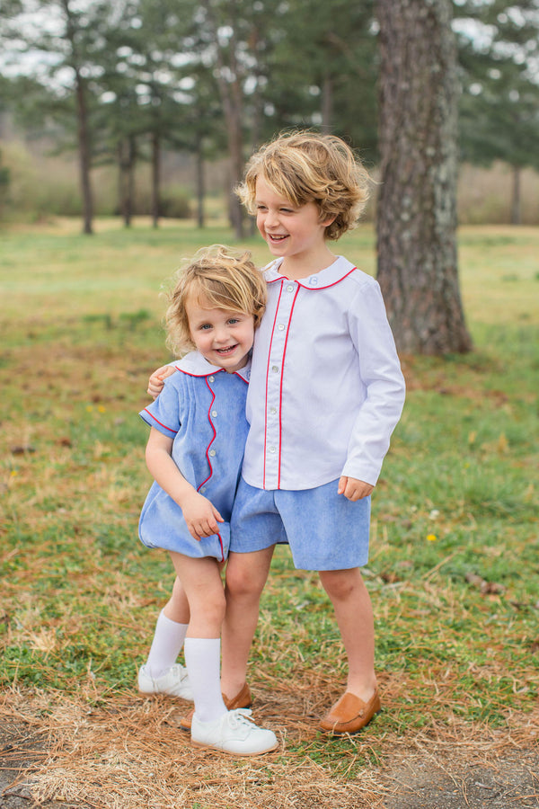 Baine Short Sleeve Scalloped Bubble in Marine Blue Non-Wrinkle Cord