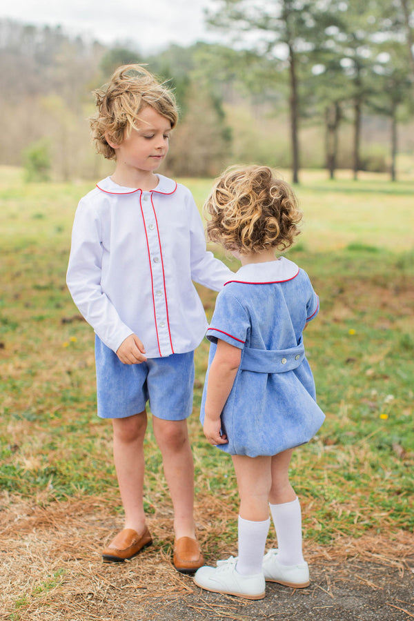 Baine Short Sleeve Scalloped Bubble in Marine Blue Non-Wrinkle Cord
