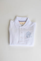 Boy Polo Long Sleeve White with Overlapping Single Initial w/ 2 Fabrics