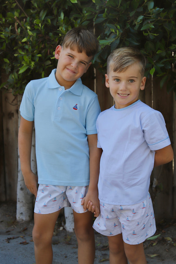 Boy Polo Short Sleeve Light Blue with Sailboat Embroidery