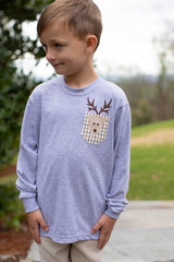 Boy Tee Long Sleeve Basic in Grey Knit w/ Pocket Reindeer