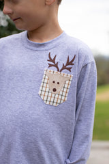 Boy Tee Long Sleeve Basic in Grey Knit w/ Pocket Reindeer