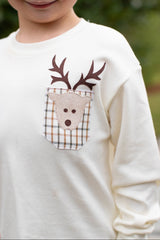 Boy Tee Long Sleeve Basic in Ecru Knit w/ Pocket Reindeer