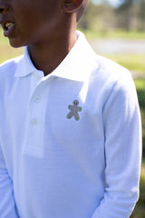 Boy Polo Long Sleeve White with Gingerbread Man Blue