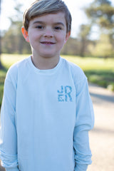 Boy Tee Long Sleeve Premium in Light Blue Knit with Stacked Fabric Monogram