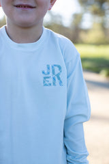Boy Tee Long Sleeve Premium in Light Blue Knit with Stacked Fabric Monogram