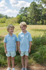 Boy Polo Short Sleeve Light Blue w/ Overlapping Single Initial with 2 Fabrics