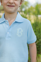 Boy Polo Short Sleeve Light Blue w/ Overlapping Single Initial with 2 Fabrics