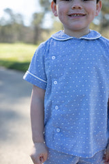 Henry Shirt Short Sleeve in Chambray Swiss Dots