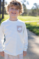 Boy Tee Long Sleeve Premium in Baby Blue Stripe Knit with Pocket w/ Mini Football