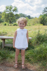 Martha Top in Blue Bitty Dot Pique with Pocket w/ Mini Puppy