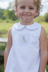 Martha Top in Blue Bitty Dot Pique with Pocket w/ Mini Puppy