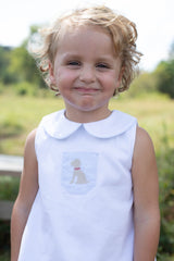 Martha Top in Blue Bitty Dot Pique with Pocket w/ Mini Puppy