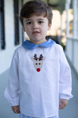 David Shirt Long Sleeve in White Pique with Rudolph
