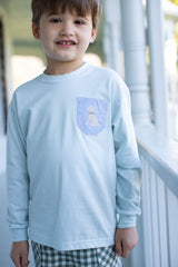 Boy Tee Long Sleeve Premium in Light Blue Knit with Pocket w/ Mini Puppy Dog