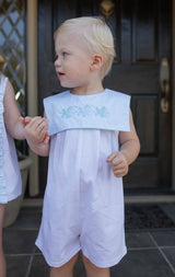 Carter Romper in Bitty Dot Blue Pique