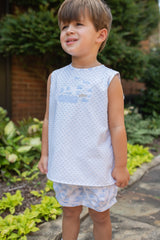 James Shirt Sleeveless Lined in Blue Swiss Dots