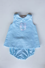 Martha Top in Aqua Microcheck with Pocket w/ Mini Puppy