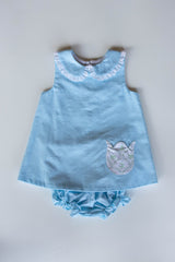 Martha Top in Aqua Microcheck with Pocket Tulip