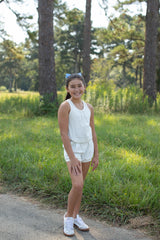 Pixie Knit Romper Premium in Baby Blue Stripe Knit