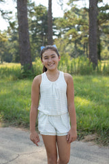 Pixie Knit Romper Premium in Baby Blue Stripe Knit