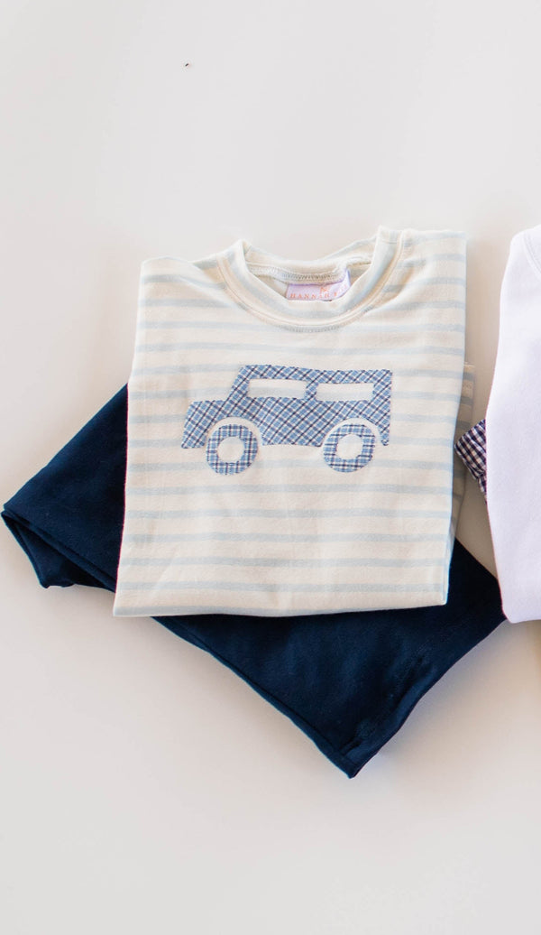 Boy Tee Long Sleeve Premium in Baby Blue Stripe Knit w/ Little Truck