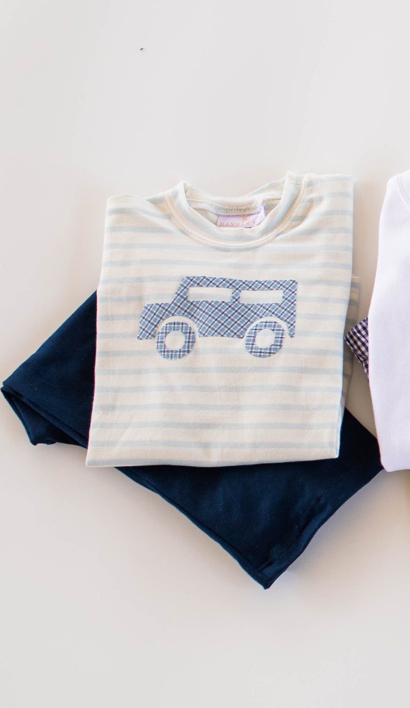 Boy Tee Long Sleeve Premium in Baby Blue Stripe Knit w/ Little Truck
