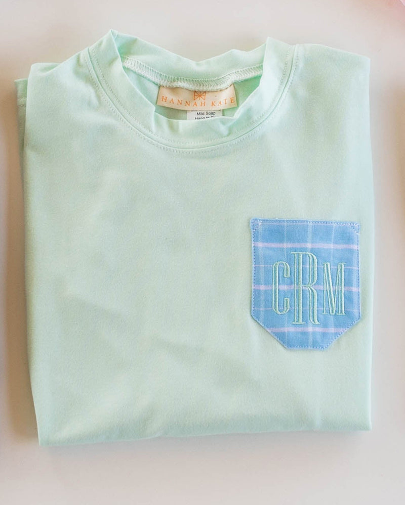 Boy Tee Long Sleeve Premium in Icy Mint Knit with Pocket w/ Varsity Monogram